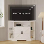 Eck-TV-Ständer für Fernseher bis 55 Zoll, Bauernhaus-Mediakonsole mit Scheunentüren, offenen Regalen und Aufbewahrungsschrank, Weiß