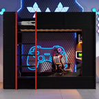 Holz-Gaming-Etagenbett in voller Größe mit integriertem Schreibtisch, Ablageregalen, 7-farbiger LED-Beleuchtung und Ladestation, Schwarz - ModernLuxe
