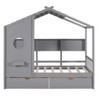 Hausbett aus Holz in Twin-/Full-Size mit 2 Schubladen, Kinderbett mit Ablageregal - ModernLuxe
