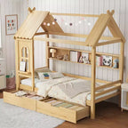 Haus-Plattformbett mit Aufbewahrungsschubladen und Fenster, Massivholzrahmen mit Regalen, kindgerechtes, lustiges Design, Hellweiß
