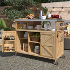 Okak Outdoor-Kücheninsel mit Edelstahlplatte, Holzküchenwagen mit Türen, Regalen und Gewürzregal, rollende Kücheninsel