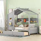 Hausbett aus Holz in Twin-/Full-Size mit 2 Schubladen, Kinderbett mit Ablageregal - ModernLuxe