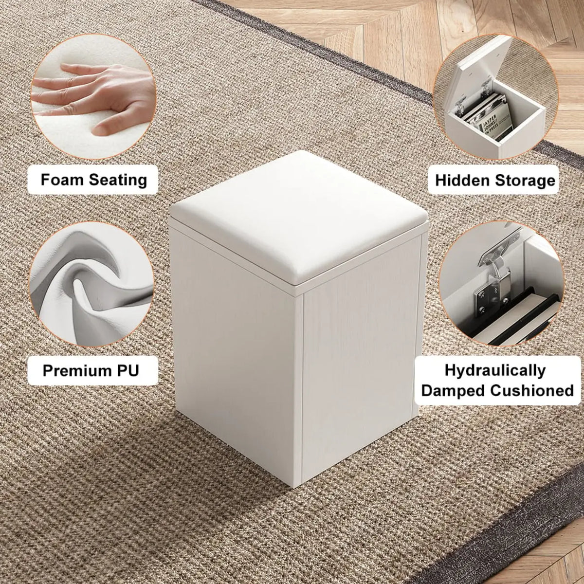 Klappbarer Couchtisch mit Liftfunktion, 4 Hockern und Stauraum