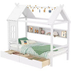 Haus-Plattformbett mit Aufbewahrungsschubladen und Fenster, Massivholzrahmen mit Regalen, kindgerechtes, lustiges Design, Hellweiß