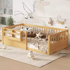 Bellemave Kinder-Bodenbett mit erhöhtem Zaun und Bücherregal, hölzernes Montessori-Bettgestell in Twin-Größe für Mädchen und Jungen