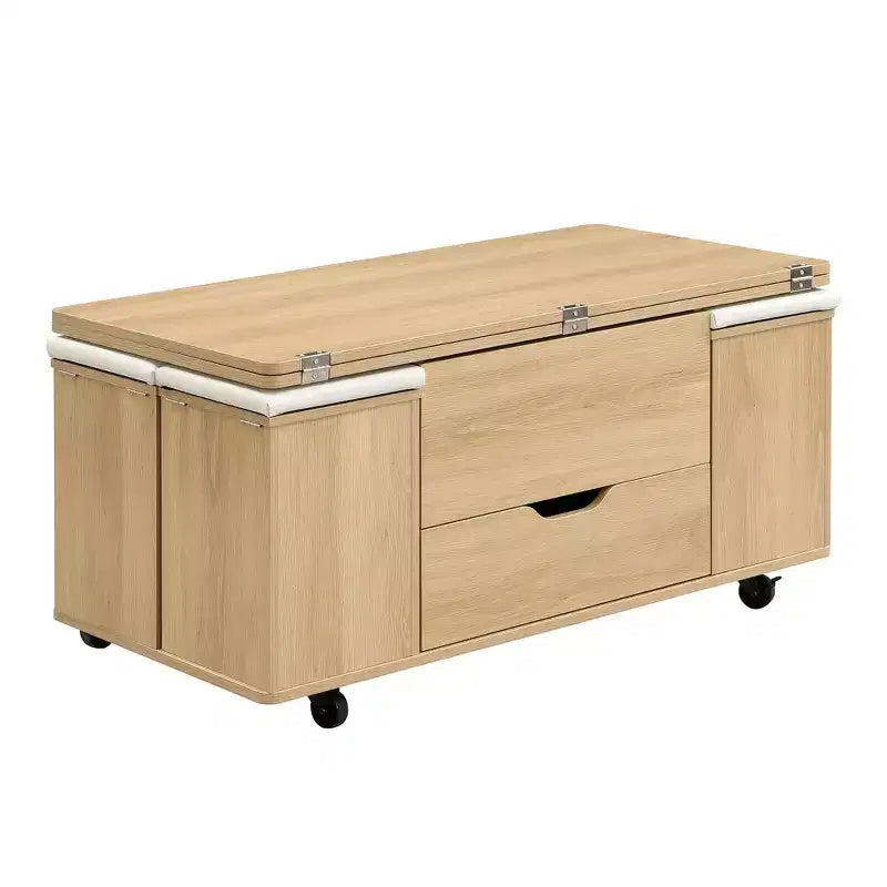 Multifunktionaler moderner Couchtisch mit Hebefunktion, verstecktem Stauraum, 4 Hockern und Rollen, perfekt für moderne Wohnbereiche