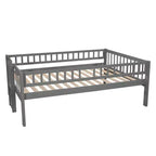 Doppelstockbett mit drei Etagen, Full-Size-Betten, umwandelbarer Leiter und Rutsche, Dreibettbett mit Schutzgeländern, Weiß/Grau/Espresso – ModernLuxe