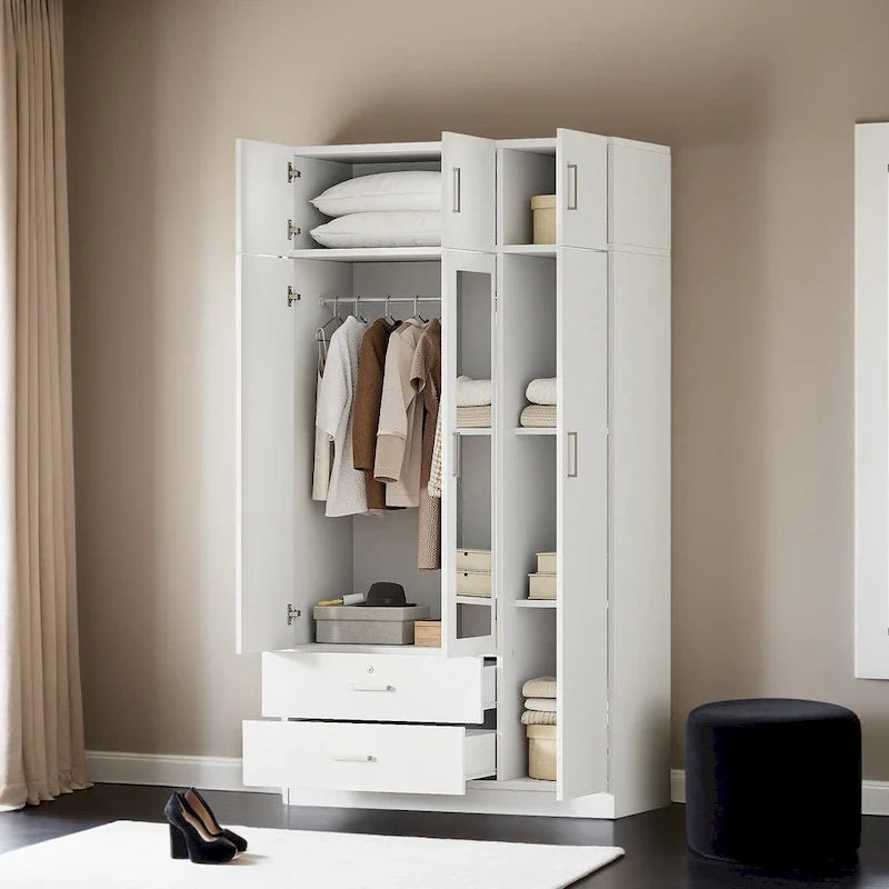 3-türiger Spiegelkleiderschrank mit 2 Schubladen und Aufsatzschrank
