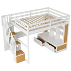 Dachbodenbett aus Massivholz (Natur+Weiß) mit Schreibtisch und Schubladen