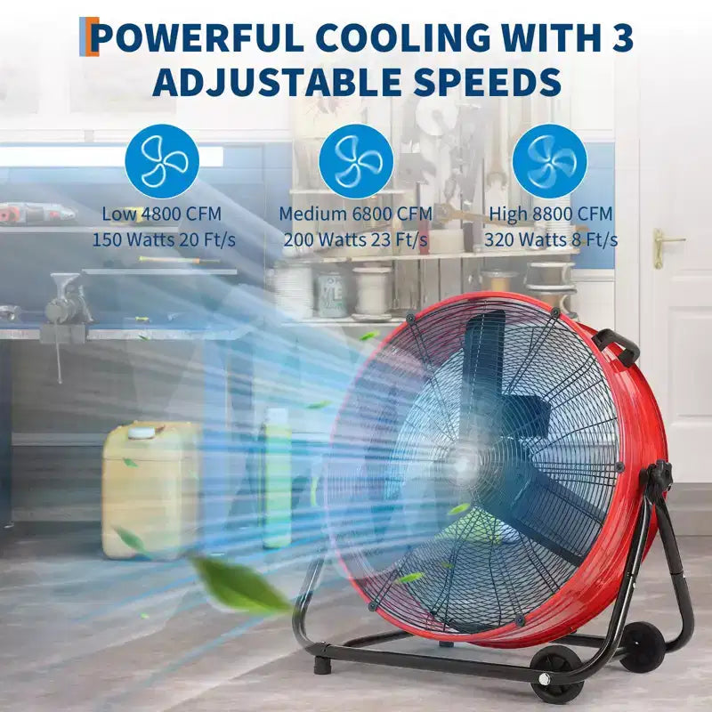 Bodenventilator, Industrieventilator – 24 Zoll Schwerlast Trommelventilator mit 4 Geschwindigkeiten, Luftzirkulator aus Metall für Lagerhalle, Werkstatt, Garage, Fabrik, Keller