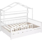 Acekool Hausbett in voller Größe mit ausziehbarem Doppelbett, Schubladen und Regalen, Dach und Zaun, Kinderplattformbett, Weiß