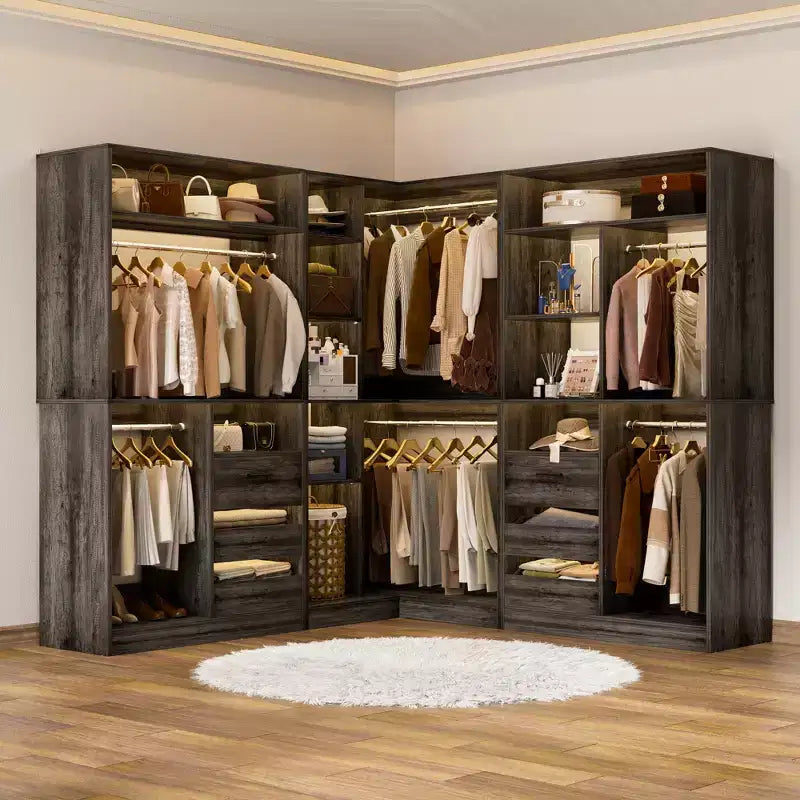 Besiost 3-teiliges Eckschranksystem mit Turmregalen und Schubladen, freistehender Schrank-Organizer mit Kleiderstangen