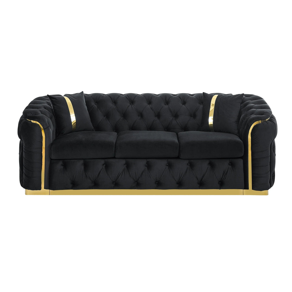 90.6 Samt-Dreisitzer-Sofa mit 2 Kissen, hochdichten Polstern, goldenen Akzenten und Kissen