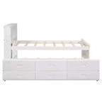 Plattformbett mit Rollbett und Schubladen, Stauraumbett mit USB-Anschluss, Holzbett mit Bücherregal