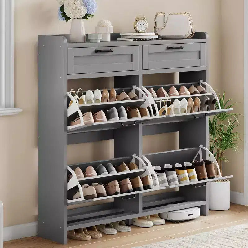 Schuhschrank mit 4 Klappfächern und 2 oberen Schubladen, Schuh-Organizer-Schrank aus Holz mit verstellbarem Regal, freistehende Schuhaufbewahrungsschränke
