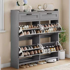 Schuhschrank mit 4 Klappfächern und 2 oberen Schubladen, Schuh-Organizer-Schrank aus Holz mit verstellbarem Regal, freistehende Schuhaufbewahrungsschränke