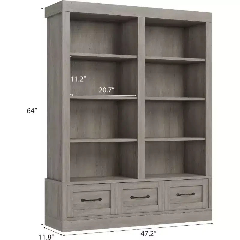 64 H Bücherregale und Bücherschränke, Bücherregal mit 3 Schubladen, 4-lagiges doppelt breites offenes Regal für Büro Wohnzimmer