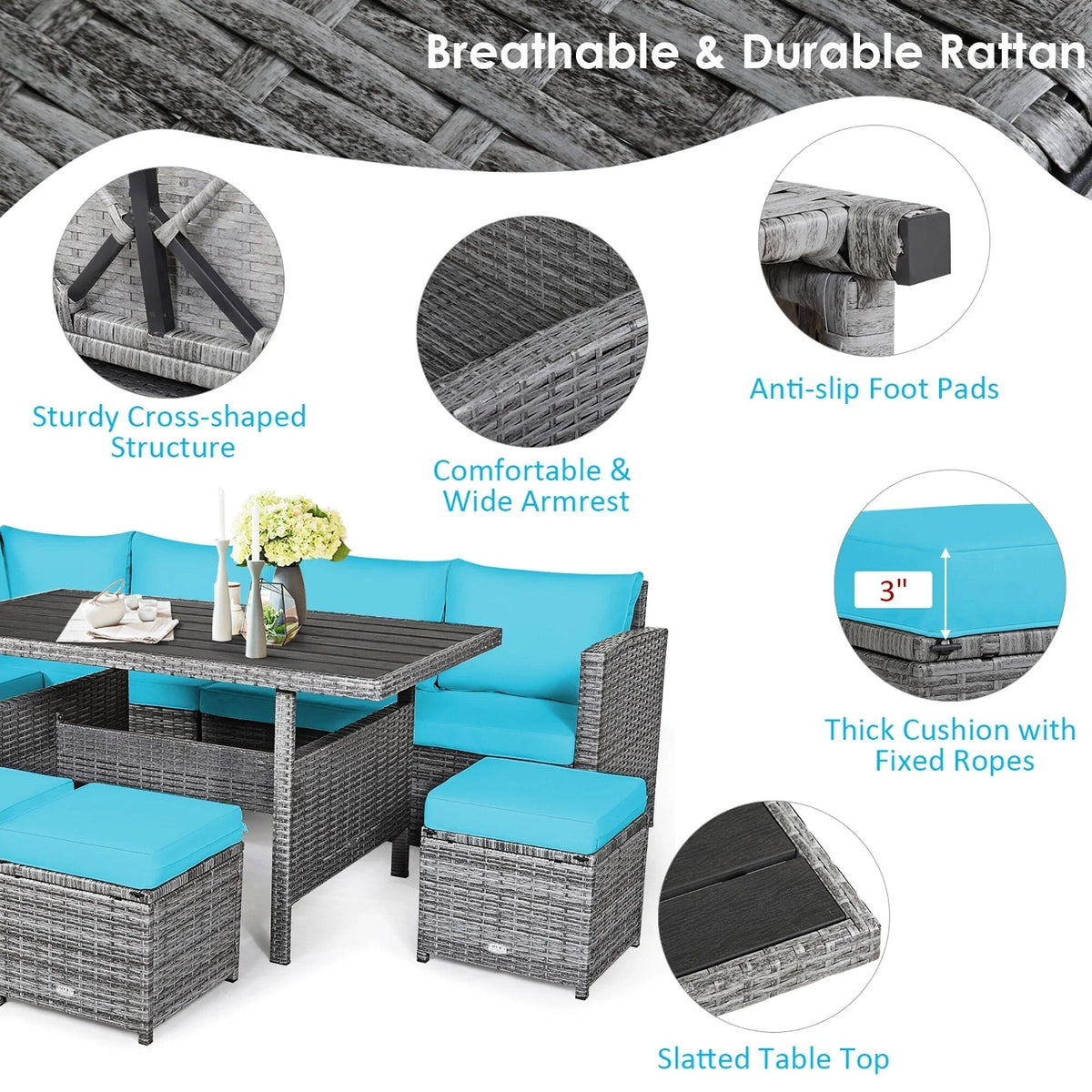 Costway 7-teiliges Terrassen-Essgruppe Rattan-Sofa Couch Ottomane – Details ansehen