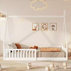 Bodenbett für Kinder, Zeltbetten in Doppelbettgröße, Montessori-Bodenbett mit Lattenrost und Zaungeländer, Holz-Hausbettgestell für Jungen und Mädchen