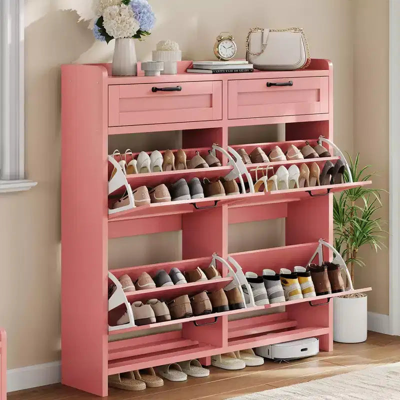 Schuhschrank mit 4 Klappfächern und 2 oberen Schubladen, Schuh-Organizer-Schrank aus Holz mit verstellbarem Regal, freistehende Schuhaufbewahrungsschränke