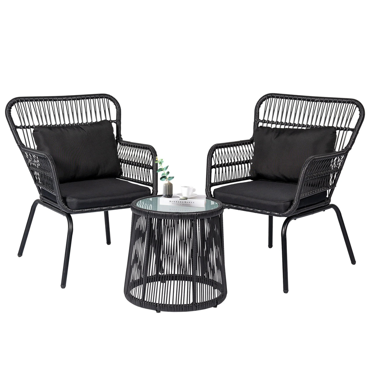 3-teiliges Outdoor-Bistro-Set aus Korbstühlen, witterungsbeständige Rattanmöbel-Sitzgruppe mit Kissen