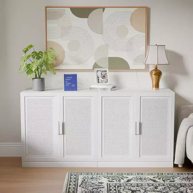 3er-Set Rattan-Tür-Sideboard-Buffet-Aufbewahrungsschränke mit verstellbaren Einlegeböden – 93Lx31H