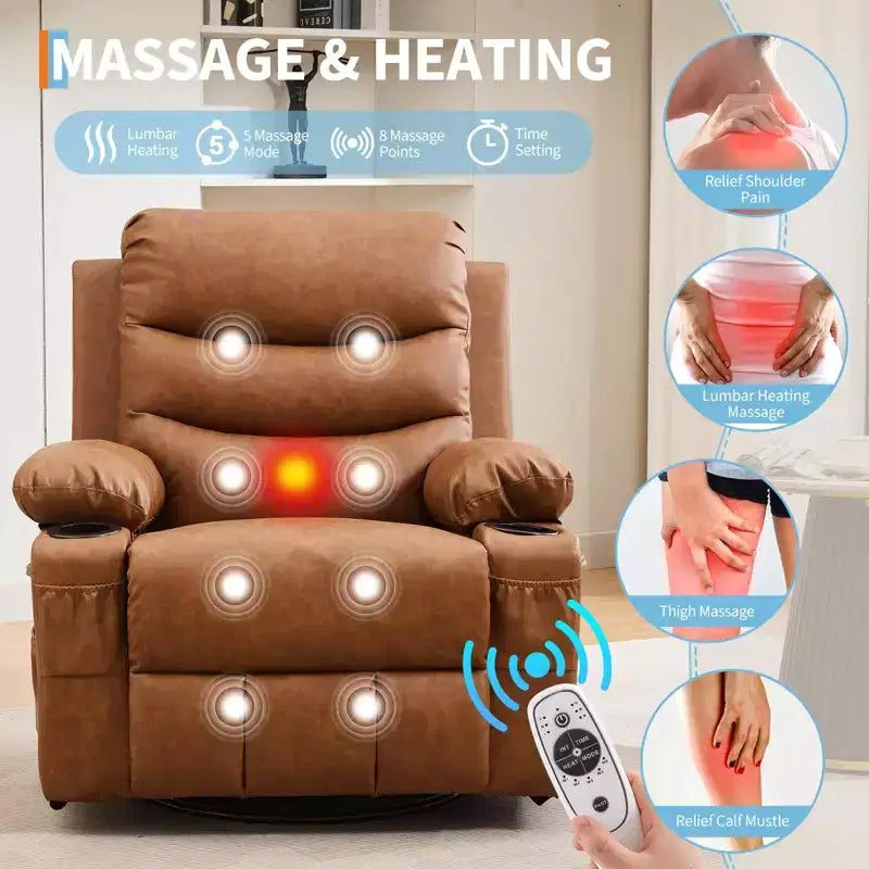 Übergroßer 360°-Dreh- und Schaukelsessel mit Massage und Heizung – Ergonomischer Loungesessel mit Getränkehaltern, Seitentaschen für Wohnzimmer, Kinderzimmer