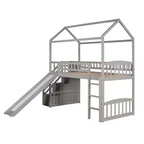 Doppelhaus-Hochbett mit Rutsche und Treppe, Hochbett mit Aufbewahrungsschubladen, Holzhaus-Hochbett für Kinder und Kleinkinder