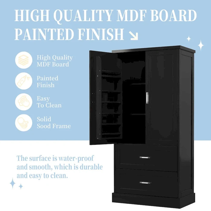 Hoher Badezimmerschrank, Schrank mit zwei Türen und Schubladen, verstellbarem Regal, MDF-Platte