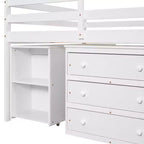 Niedriges Hochbett in voller Größe mit Rollschreibtisch, 3 Schubladen und Regalen