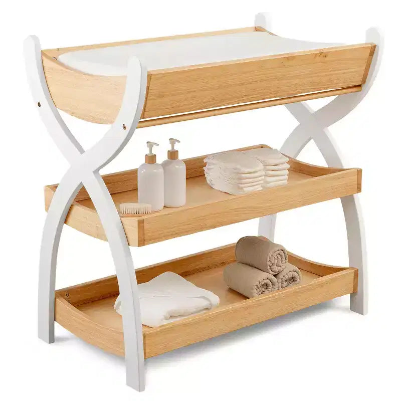 Comfy Cubs Baby-Wickeltisch – robuste Holzkonstruktion, zeitloses Design mit zwei offenen Ablagen für Babyutensilien