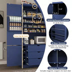 Hoher Küchenschrank mit Steckdosen, großer freistehender Schrank mit Mikrowellenständer, Schubladen, Regalen, Weinregalen und Türregal