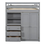Vollholz-Hochbett mit integriertem Kleiderschrank, Schreibtisch, Ablagefächern und Schubladen