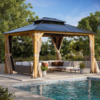 EROMMY Hardtop-Pavillon, Outdoor-Pergola mit Doppeldach & Netzen & Vorhängen, Hochleistungs-Canopy für Terrasse, Garten, Poolparty