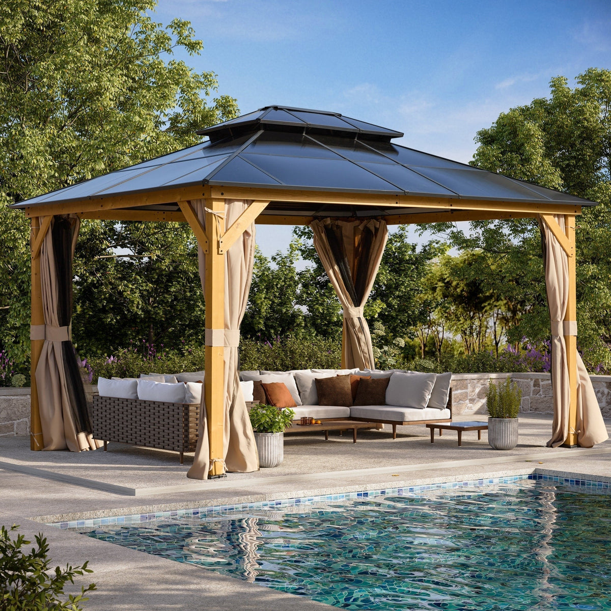 EROMMY Hardtop-Pavillon, Outdoor-Pergola mit Doppeldach & Netzen & Vorhängen, Hochleistungs-Canopy für Terrasse, Garten, Poolparty