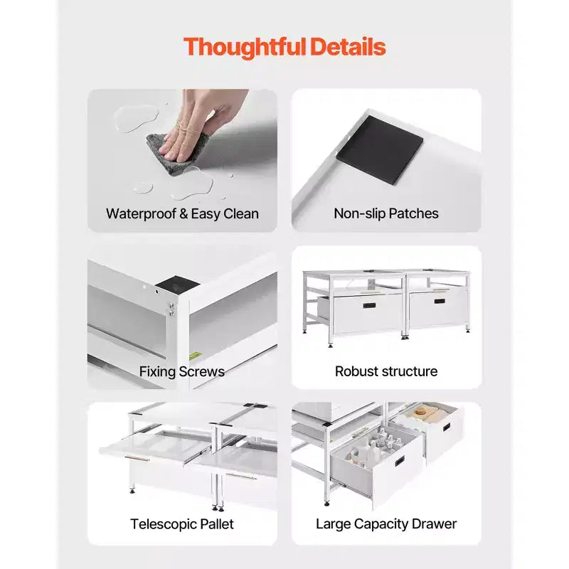 VEVOR Waschmaschinensockel, 57,4 cm Höhe, 73,7x73,7 cm Waschmaschinen- und Trocknersockel mit Auszug und Stauraum, 363 kg Tragfähigkeit, rutschfest, weiß