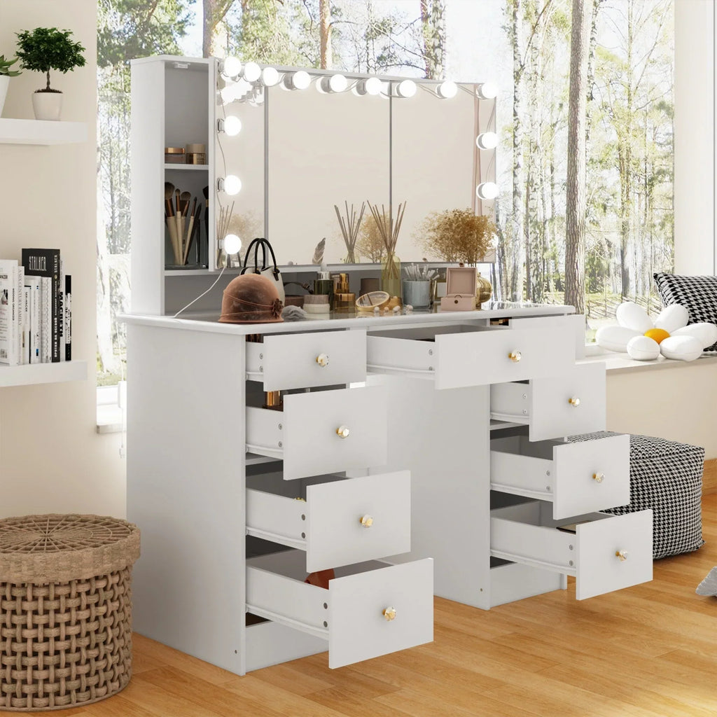 Schminktisch mit Dreifach-Spiegel, zertifizierter Beleuchtung und Glasplatte