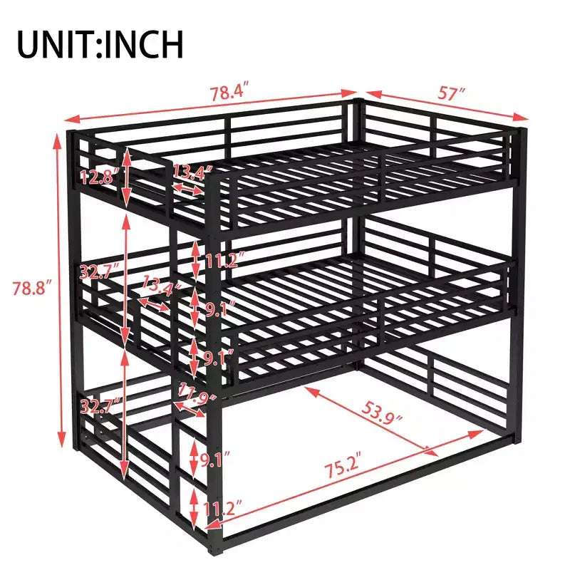 Etagenbett für drei Personen, Full über Full über Full, aus Metall, mit Sicherheitsgeländern, strapazierfähiges Etagenbett mit geräuschreduziertem Design, Schwarz