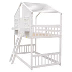 Doppel-Loftbett in Hausform, Holzspielhaus-Loftbett mit Leiter und Schutzgittern für Kinder