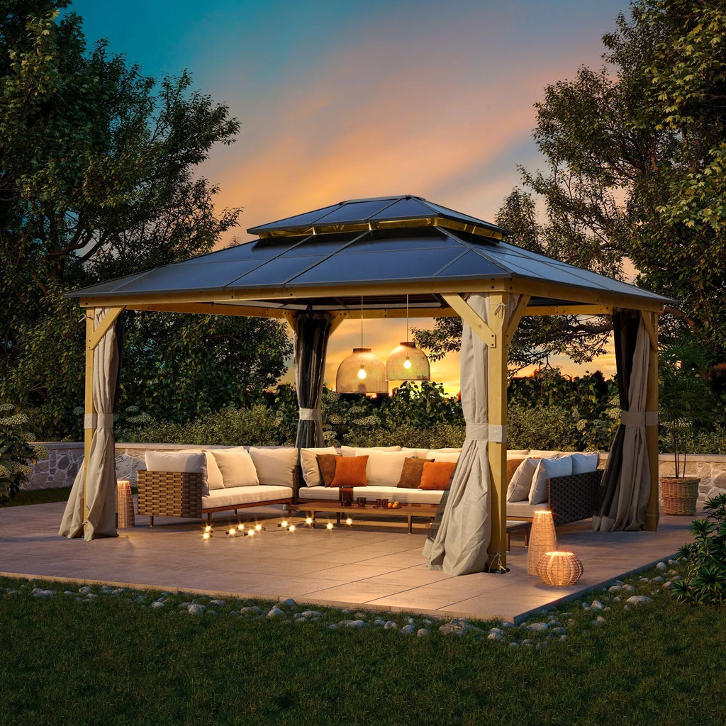 EROMMY Hardtop-Pavillon, Outdoor-Pergola mit Doppeldach & Netzen & Vorhängen, Hochleistungs-Canopy für Terrasse, Garten, Poolparty