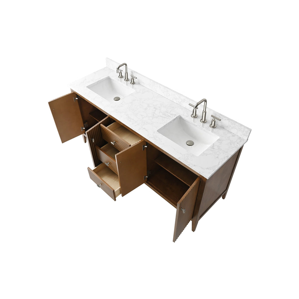 Vanity Art 72 Zoll Badezimmer-Waschtischunterschrank mit Doppelwaschbecken und Kunstmarmorplatte