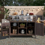 Outdoor-Kücheninsel, rollbarer Barwagen und Aufbewahrungsschrank, Massivholz-Grilltisch mit Edelstahlplatte, Gewürzregal, Handtuchhalter