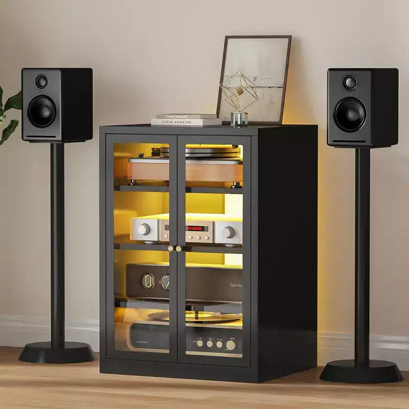 Bekrvio Metall-Mediaschrank, 4-stöckiger Stereoschrank mit Glastüren und verstellbaren Einlegeböden, Audio-AV-Rack mit Kabelmanagement