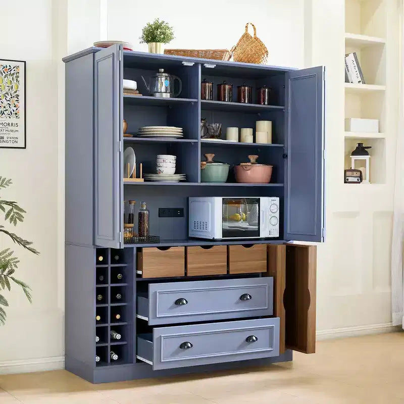 Whisen 180 cm hohe freistehende Küchenpantry, großer Esszimmer-Vorrratsschrank, Anrichte mit 4 faltbaren Türen, Einlegeböden, Weinregalen