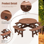 8-Personen Outdoor-Picknick-Esstisch-Garnitur aus Tannenholz, rund, mit 4 integrierten Bänken und Sonnenschirmloch