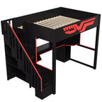 Vollständiges Gaming-Hochbett mit Schreibtisch und LED-Beleuchtung, großes Hochbett aus Holz mit Treppe und Stauraumtreppe sowie USB-Anschluss, Rot+Schwarz