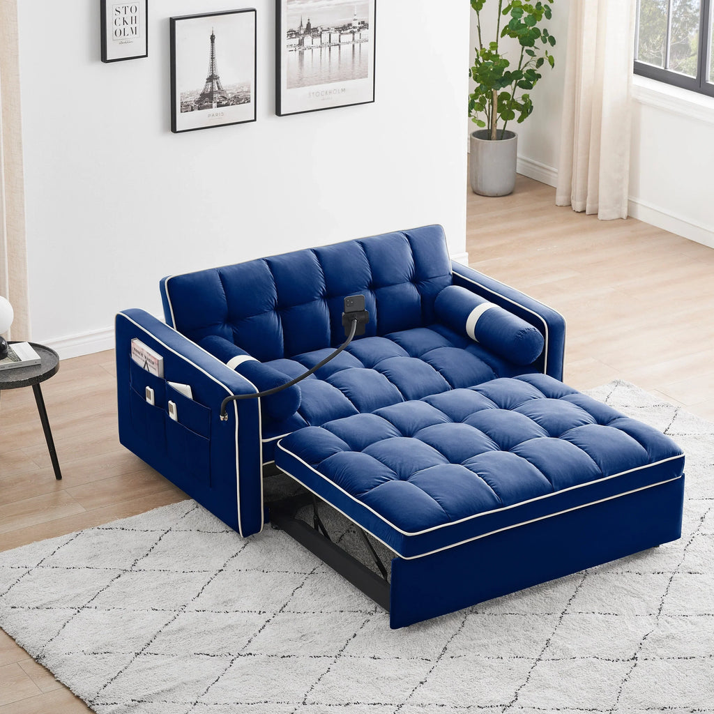 Samt-Schlafsofa zum Umbauen, 140 cm, 2-Sitzer, mit Ausziehbett, verstellbarer Rückenlehne, Seitentaschen und Handyhalterung
