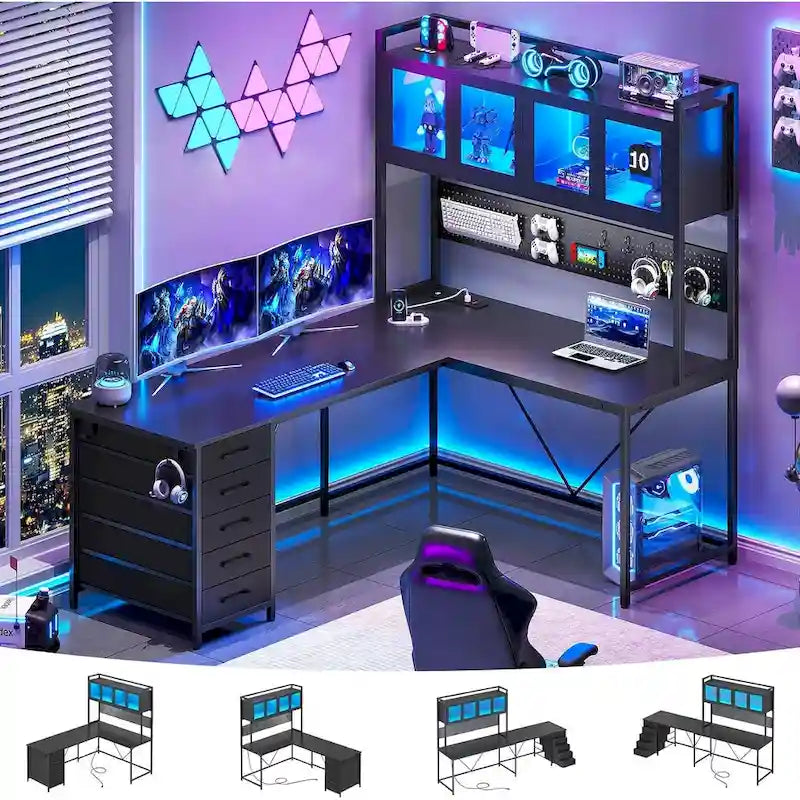 L-förmiger Gaming-Schreibtisch Computertisch Lochwand 5 Schubladen Ablagefach