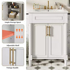 24-Zoll-Badezimmerwaschtisch mit Keramikwaschbecken, Shaker-Schrank, 2 Soft-Close-Türen, Massivholzrahmen für kleines Bad oder Gästetoilette