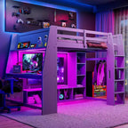 Whisen Wood Gaming-Hochbett (Twin Size) mit Schreibtisch, mehreren Ablagefächern, LED-Beleuchtung und einer Kleiderstange
